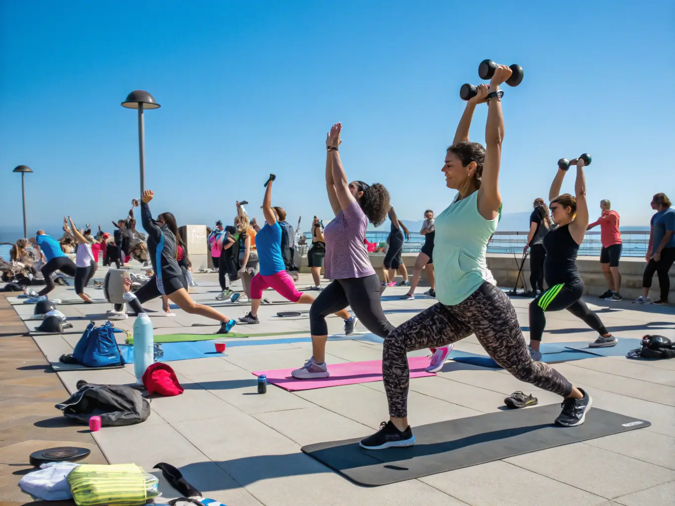 A diverse group of club members, including seniors and families, enjoying a group fitness class on the club’s outdoor area, with mats and light exercise equipment, under a sunny sky.