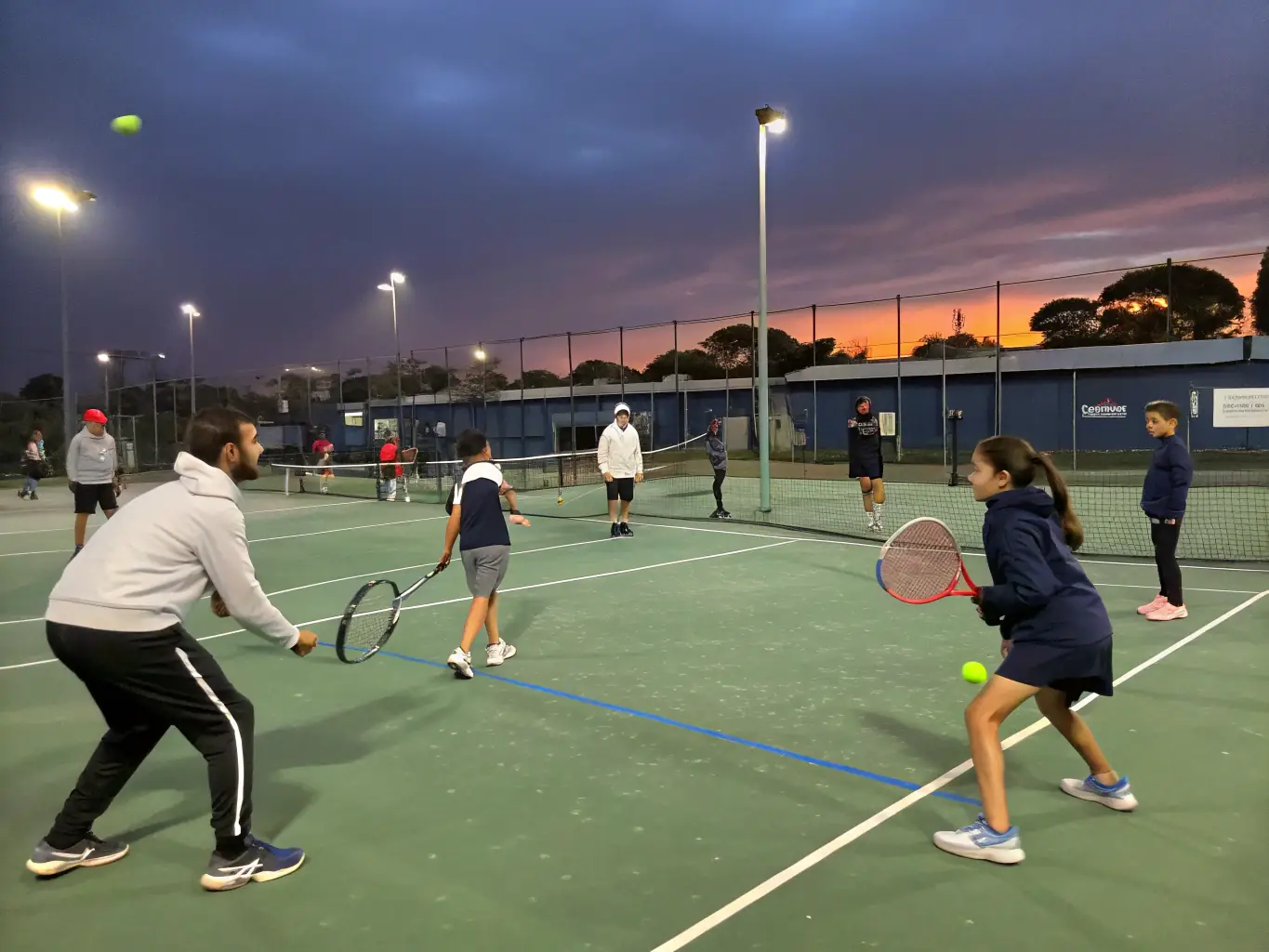 A group of adults practicing tennis on outdoor clay courts at Tennis Club La Guerche, guided by a professional coach, with visible camaraderie and active participation.