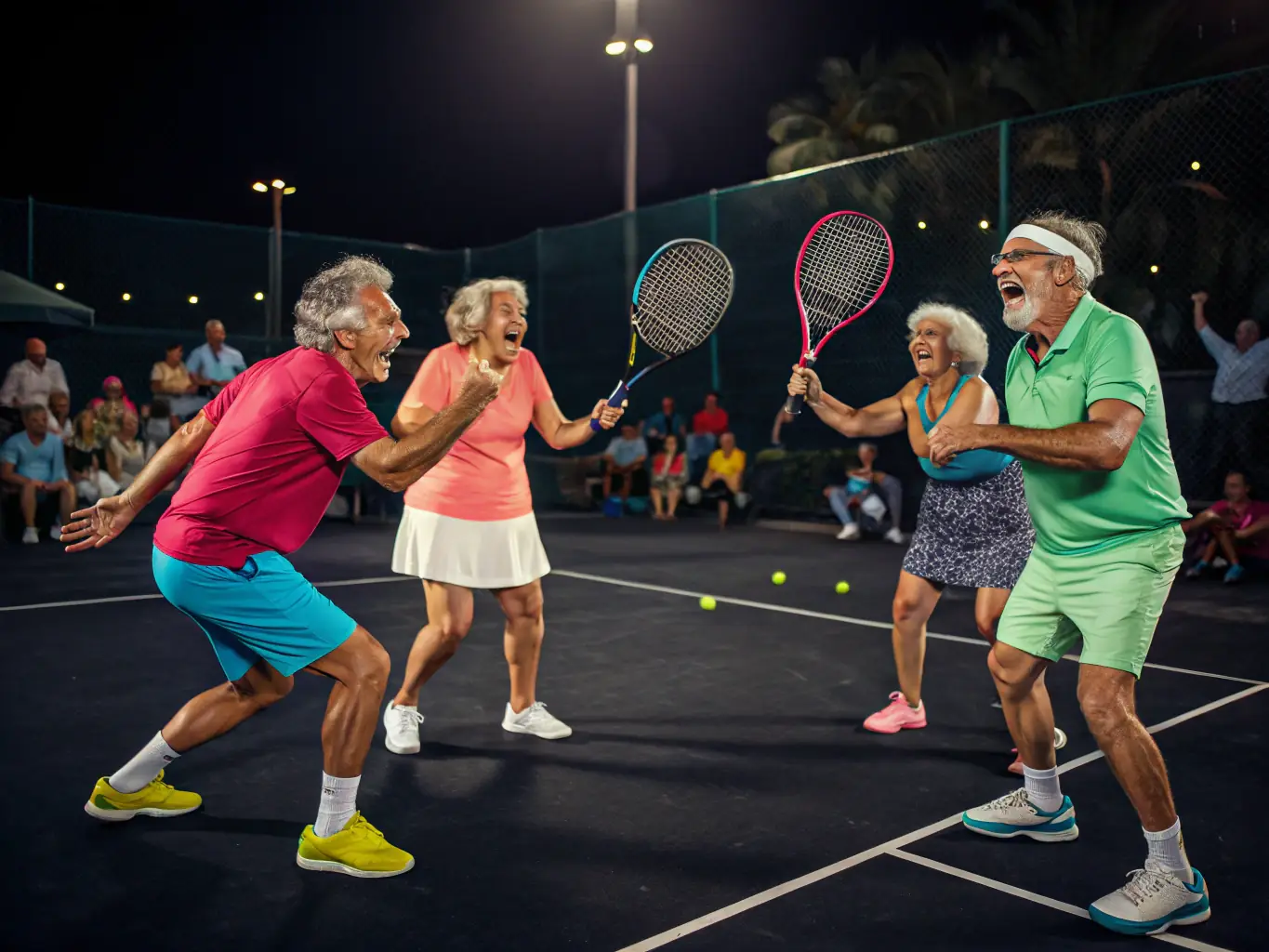 A diverse group of club members participating in a group fitness or cardio tennis session, with dynamic movement and energetic expressions, set on the club’s multi-purpose court, emphasizing inclusivity and well-being.