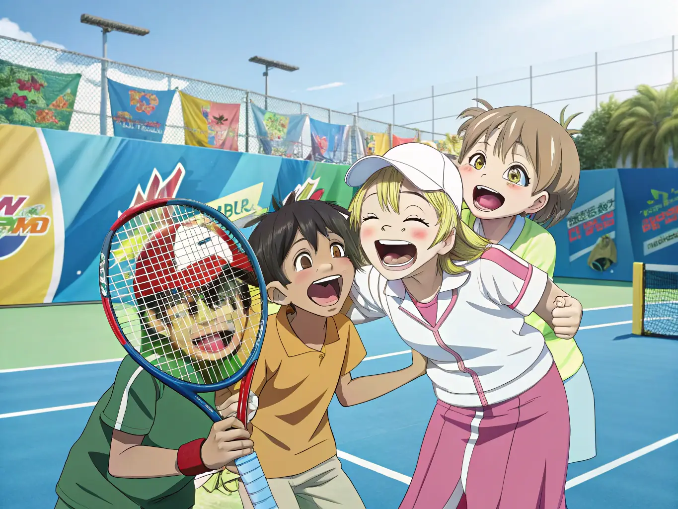 Children and teenagers participating in a lively tennis drill at Tennis Club La Guerche, supervised by a smiling coach, with colorful rackets and energetic movement.