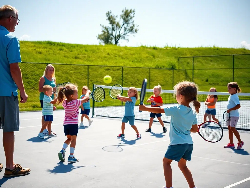 A vibrant outdoor tennis court with adults of various ages practicing under the guidance of a professional coach, surrounded by lush greenery and the club’s facilities in the background, conveying a welcoming and active atmosphere.