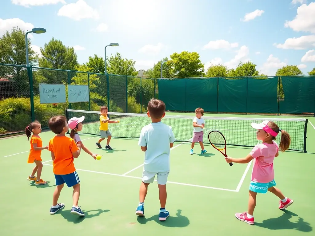 A group of smiling children and teenagers playing tennis on a sunny day, with colorful rackets and balls, supervised by a friendly instructor, highlighting a safe and joyful environment for youth development.